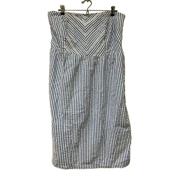 Seersucker Blue White Chevron Striped Strapless Smocked Mini Dress Size 2X Plus - Picture 1 of 13